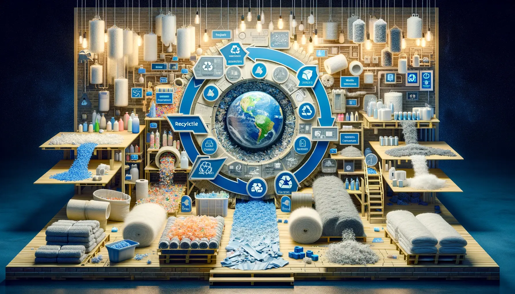 the recycling process of plastics into sustainable bath linens, highlighting the stages from collection to weaving.